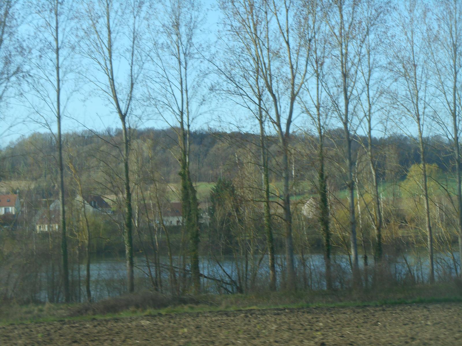 Des arbres cachent un étang et un village ( Route )