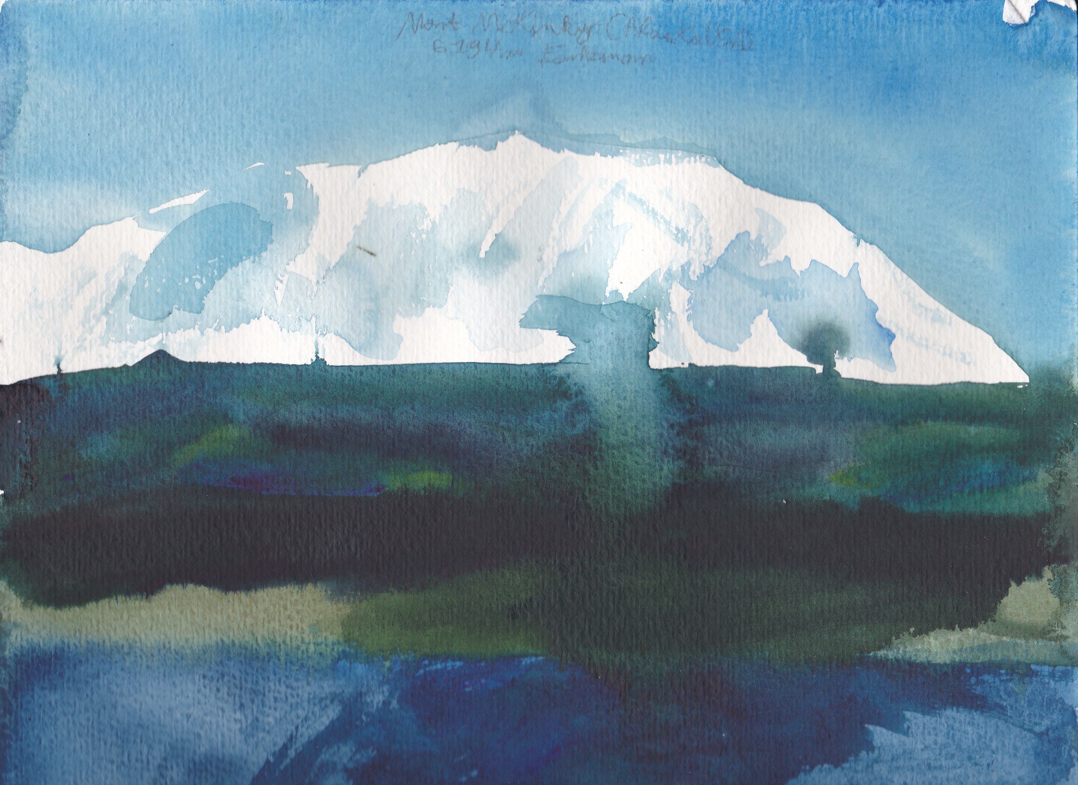 Le Mont McKinley, point culminant de l'Amérique du Nord à 6194m d'altitude, et ses gros glaciers puis forets et lacs d'Alaska.